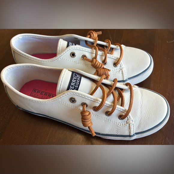 Sperry Shoes - Sperry White Leather Slip-On Sneakers with Tan Leather Laces size 4